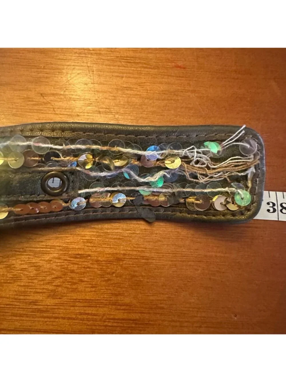 Vintage Y2K Sequin Embellished Leather Belt With Silver Floral Buckle